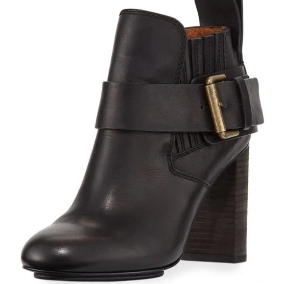 See by Chloe Ankle Boot Cappa Leather Boho Heeled Black Buckle Pull On Sz 6 - Picture 1 of 13